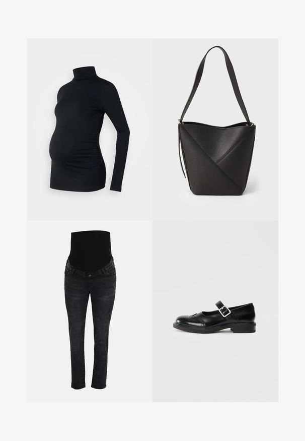 Top negro de manga larga con cuello de tortuga, fabricado con un material elástico, diseñado para adaptarse a una barriga de embarazada, con detalle de fruncido lateral.; Vaqueros premamá negros con cintura alta elástica y cierre frontal de botones, diseñados para comodidad y soporte durante el embarazo.; Zapato Mary Jane de cuero negro con un bajo tacón cuadrado, punta redonda, detalles decorativos de brogue y una correa ajustable con una hebilla de metal.; Bolso de cubo de cuero negro con un diseño de costura diagonal, correa para el hombro única y apertura en la parte superior, que muestra una textura suave.