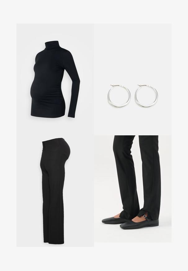 Schwarzes Langarm-Turtleneck-Oberteil aus dehnbarem Stoff, das für einen schwangeren Bauch konzipiert ist und mit seitlichen Raffung-Details versehen ist.; Schwarze Umstandsleggings mit einem hohen, unterstützenden Taillenbund, einer figurnahen Silhouette und einem glatten, elastischen Stoff für Komfort und Flexibilität.; Beine in schwarzen schmalen Hosen mit vorderen Schlitzen am Saum, kombiniert mit schwarzen flachen Mary-Jane-Schuhen mit kleinem Schnallenriemen.; Silberne Creolen zeichnen sich durch ein glattes, rundes Design mit einem schlanken Profil und einem sicheren Verschluss aus. Minimalistischer Stil mit glänzender Oberfläche.