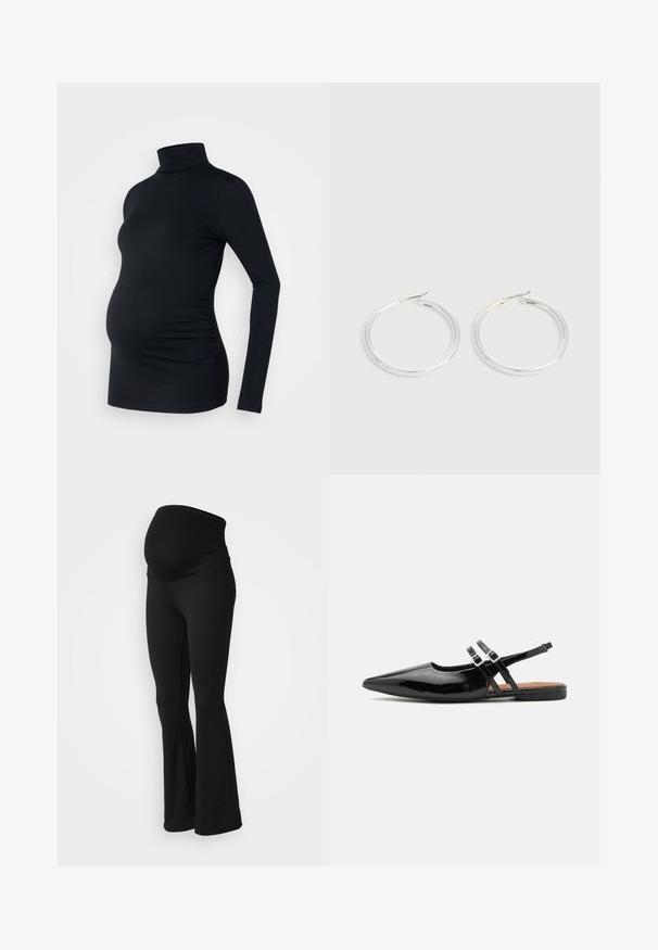 Zwarte lange mouwen turtleneck top van rekbaar materiaal, ontworpen om een zwangere buik te accommoderen, met ruching details aan de zijkanten.; Zwarte zwangerschapsleggingen met een brede, rekbare tailleband, uitlopende stijl en een zachte stoftextuur, geschikt voor comfort en ondersteuning.; Zwarte gepatineerde leren slingback schoenen hebben een spitse neus, twee banden met gespsieraden en een platte zool.; Een paar glanzende zilveren oorringen met dunne draadafsluitingen, getoond op een lichtgrijze achtergrond.