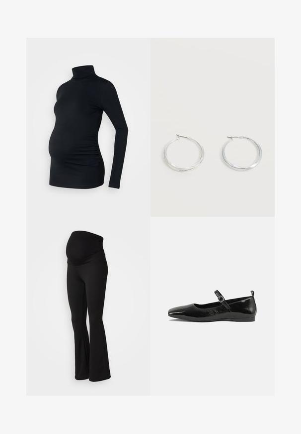 Sort langærmet turtleneck top i strækbart stof, designet til at rumme en gravid mave, med detaljeret side ruching.; Sorte graviditetsleggings med bred, strækbar talje, flagrende design og blød stofstruktur, der er velegnet til komfort og støtte.; Sorte patentlæder flade sko med spidse tæer, en ankelrem med spænde og en glat, blank tekstur. Lav hæl for komfort.; Sølvfarvede metaloorringe med glat, let buet overflade og låsemekanisme på en ensfarvet hvid baggrund.