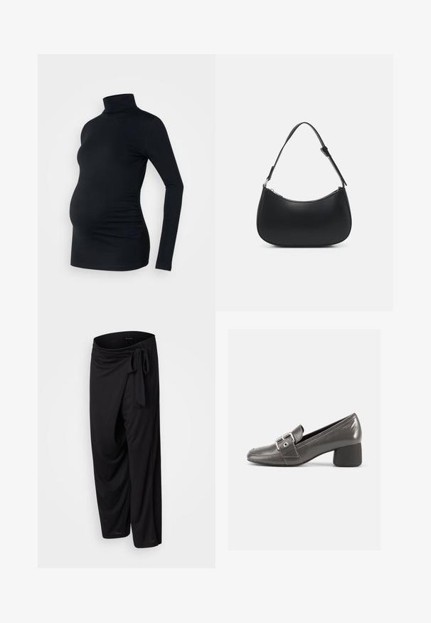 Zwarte lange mouwen turtleneck top van rekbaar materiaal, ontworpen om een zwangere buik te accommoderen, met ruching details aan de zijkanten.; Zwarte, losse broeken van zachte stof met een strikceintuur in de taille, met een gedrapeerd ontwerp en een cropped lengte.; Zwarte leren schoen met middenhoge hak en ronde neus, voorzien van een decoratieve gesp en een textuurafwerking op het bovenwerk.; Pieces PCALUANA SHOULDER BAG - Handtas - black