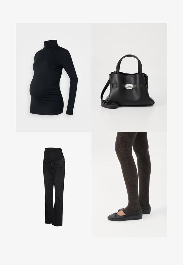 Sort langærmet turtleneck top i strækbart stof, designet til at rumme en gravid mave, med detaljeret side ruching.; Sorte graviditetsjeans med elastisk høj talje og straight-fit, designet til komfort og støtte under graviditeten.; Ben iført mørke ribbede leggings kombineret med sorte balletsko med små sløjfedetaljer på hvid baggrund.; Sort læderhåndtaske med en tekstureret overflade, der har to bærehåndtag, en aftagelig skulderrem og en detalje med sølvspænde.