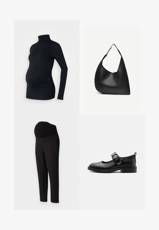Top negro de manga larga con cuello de tortuga, fabricado con un material elástico, diseñado para adaptarse a una barriga de embarazada, con detalle de fruncido lateral.; Pantalones de maternidad negros con una cintura alta y elástica y un diseño de pierna ajustada. La tela tiene una textura suave con un ligero brillo.; Zapato Mary Jane de cuero negro con suela gruesa, punta redondeada, correa con hebilla plateada y tirador en la parte trasera.; Bolso de hombro de cuero negro con forma triangular curva, una única correa ajustable y una costura diagonal visible en el frente.
