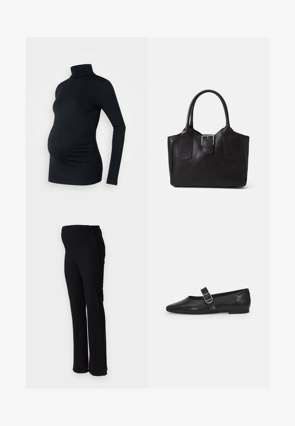 Sort langærmet turtleneck top i strækbart stof, designet til at rumme en gravid mave, med detaljeret side ruching.; ONLY MATERNITY OLMHALLE - Bukser - black; Sorte læder flade sko med rund tå, et enkelt justerbart spænde og en glat, blank overflade. Minimalistisk design med en lav hæl.; Sort lædertaske med dobbelt håndtag og central sølvspænde, struktureret rektangulær form, glat tekstur, på neutral baggrund.