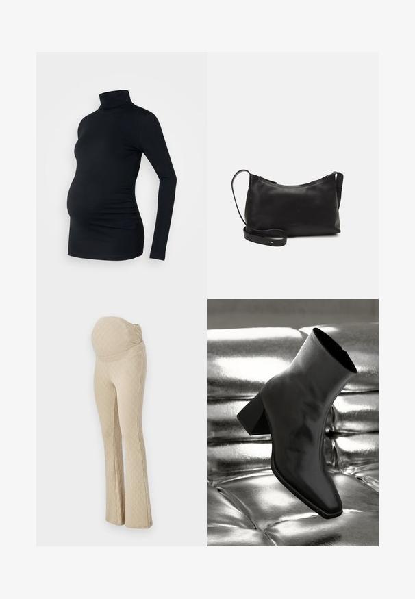 Sort langærmet turtleneck top i strækbart stof, designet til at rumme en gravid mave, med detaljeret side ruching.; Beige graviditetsbukser med bred nederdel og et tekstureret diamantmønster, der har en høj, elastisk talje for støtte til maven. Glat stoffinish.; Sorte ankelstøvler lavet af glossy materiale med firkantet tå og spidse hæle, sat mod en skinnende sølv tuftet baggrund.; Sort læder skuldertaske med en glat tekstur, buet form, justerbar rem og lynlås. Minimalistisk design uden udsmykninger.