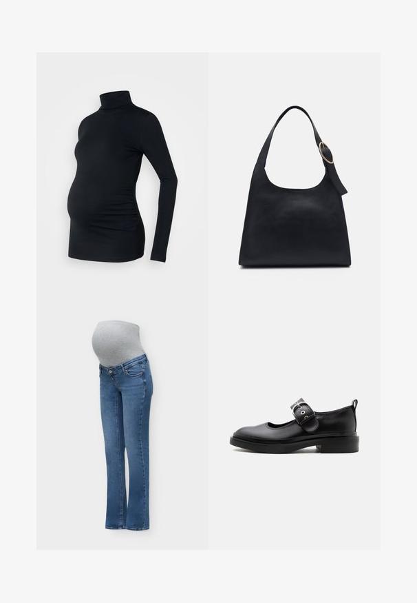 Zwarte lange mouwen turtleneck top van rekbaar materiaal, ontworpen om een zwangere buik te accommoderen, met ruching details aan de zijkanten.; Blauwe zwangerschapsjeans met een grijze rekbare buikstrook die ontworpen is om comfortabel over een zwangere buik te passen en ondersteuning te bieden.; Zwarte leren Mary Jane-schoen met dikke zool, afgeronde neus, zilveren gespsluiting en een treklus aan de achterkant.; Zwarte leren tote bag met een gladde textuur, ronde vorm en een enkele schouderband met een ronde gouden hardware accent.