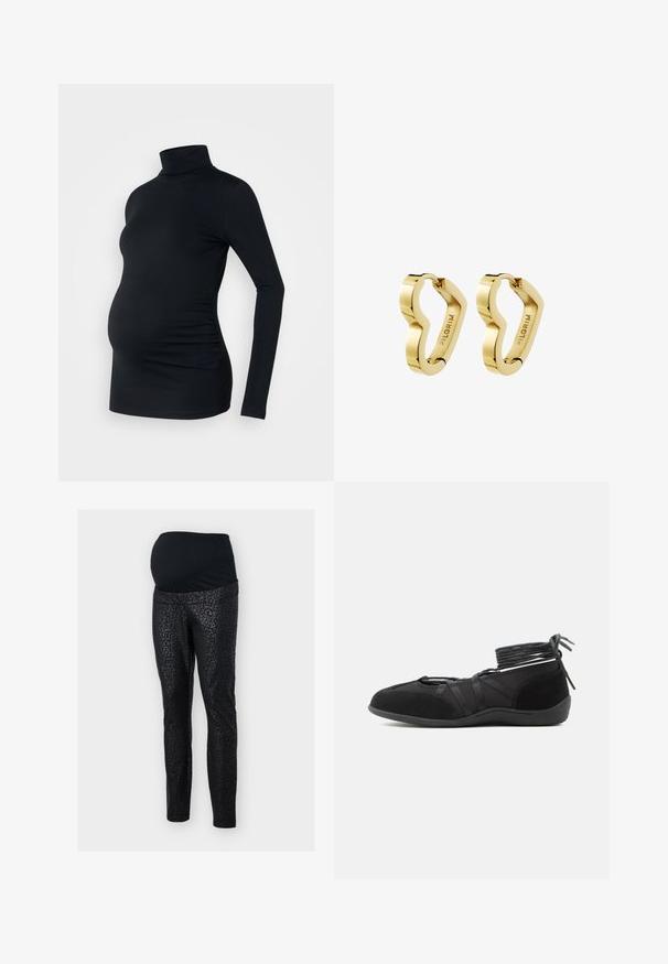 Sort langærmet turtleneck top i strækbart stof, designet til at rumme en gravid mave, med detaljeret side ruching.; Graviditetsleggings i sort med en strækbar, tekstureret talje. Hovedstoffet har et subtilt sort leopardmønster. Slim-fit design.; Sort flad sko med omviklede ankelstropper og ruskindsdetaljer, designet til sikker pasform og minimalistisk stil.; Par polerede guldfarvede hoop-øreringe med ujævn bølget form, graveret med "PILGRIM" på indersiden.