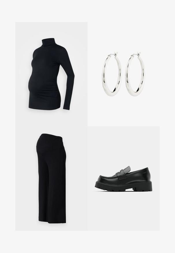 Zwarte lange mouwen turtleneck top van rekbaar materiaal, ontworpen om een zwangere buik te accommoderen, met ruching details aan de zijkanten.; Zwarte ribbel wijde broek met een hoge taille. De stof is soepel en elastisch, wat zorgt voor een relaxte pasvorm door de benen.; Zwarte leren instappers met een chunky, gestructureerde zool, voorzien van een band over de voet en een gladde, gepolijste afwerking.; Zilveren oorbellen in de vorm van een gladde, glanzende ring. Circulaire vorm, voorzien van een veilige sluiting. Eenvoudig en elegant ontwerp.