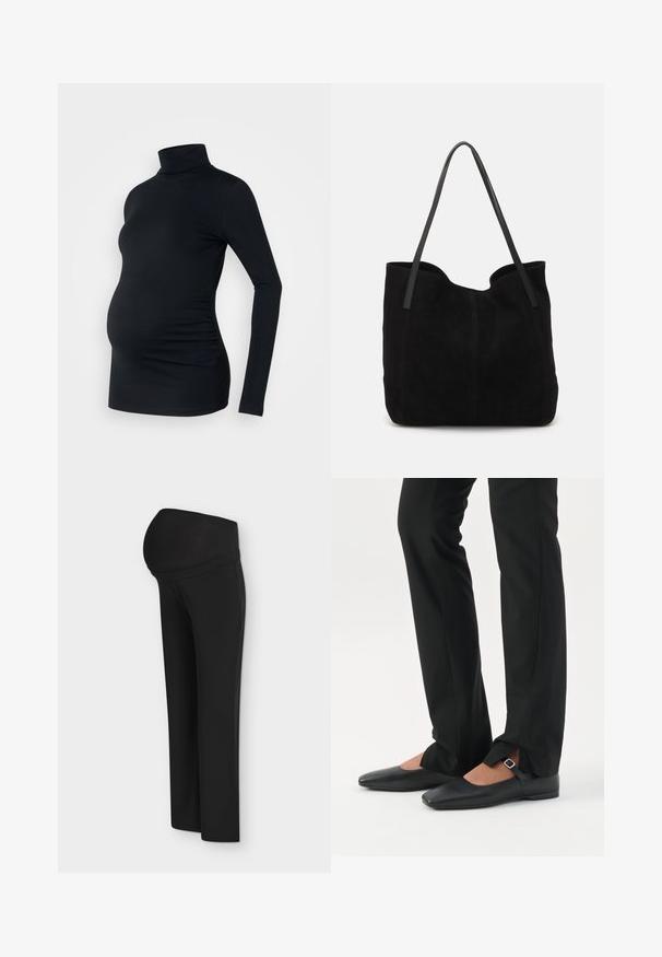 Haut à manches longues noir à col roulé en tissu extensible, conçu pour accueillir un ventre de femme enceinte, avec des détails de fronces sur les côtés.; Pantalon de maternité noir avec une large ceinture élastique montant sur le ventre et des jambes droites, présenté sur fond blanc.; Jambes vêtues d’un pantalon slim noir avec des fentes à l’avant de l’ourlet, assorties à des chaussures plates Mary Jane noires avec une petite bride à boucle.; Sac fourre-tout en suède noir avec deux longues anses en cuir plates. Présente un bord supérieur incurvé et des coutures visibles sur le devant. Pas d'accents en métal.