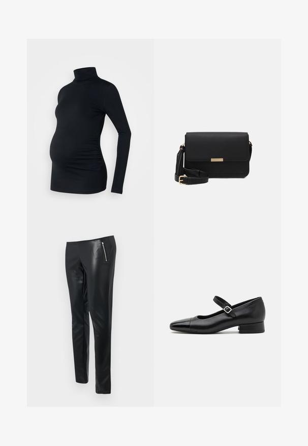 Zwarte lange mouwen turtleneck top van rekbaar materiaal, ontworpen om een zwangere buik te accommoderen, met ruching details aan de zijkanten.; Zwarte faux leren broeken met een slim fit, voorzien van een ritssluiting op de voorkant en een gladde, glanzende textuur.; Zwarte leren Mary Jane schoenen met een gepatenteerde neus, verstelbare enkelband en lage blokhak. Een gladde textuur en een elegante uitstraling.; Zwarte leren schoudertas met een flap sluiting, gouden hardware accenten, verstelbare schouderriem en gestructureerd oppervlak. Compakte rechthoekige vorm.