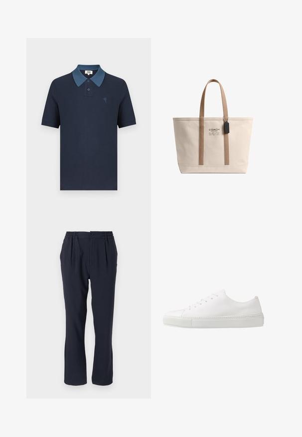 Marineblaues Poloshirt mit kontrastierendem blauem Kragen, kurzen Ärmeln, strukturiertem Stoff und einem kleinen, auf der Brust gestickten Herzdesign.; Himmelblaues Hosen aus weichem Stoff mit einem elastischen Bund, ausgestattet mit vorderen Falten und einem geraden Bein-Design.; Weiße Leder-Sneaker mit glatter Oberfläche, abgerundeter Zehenpartie und sechs Ösen für die Schnürsenkel. Verfügt über eine strukturierte Gummisohle und ein minimalistisches Design.; Beige Canvas-Tragetasche mit braunen Griffen, schwarzem Coach-Label und Coach New York-Logo vorne in der Mitte.