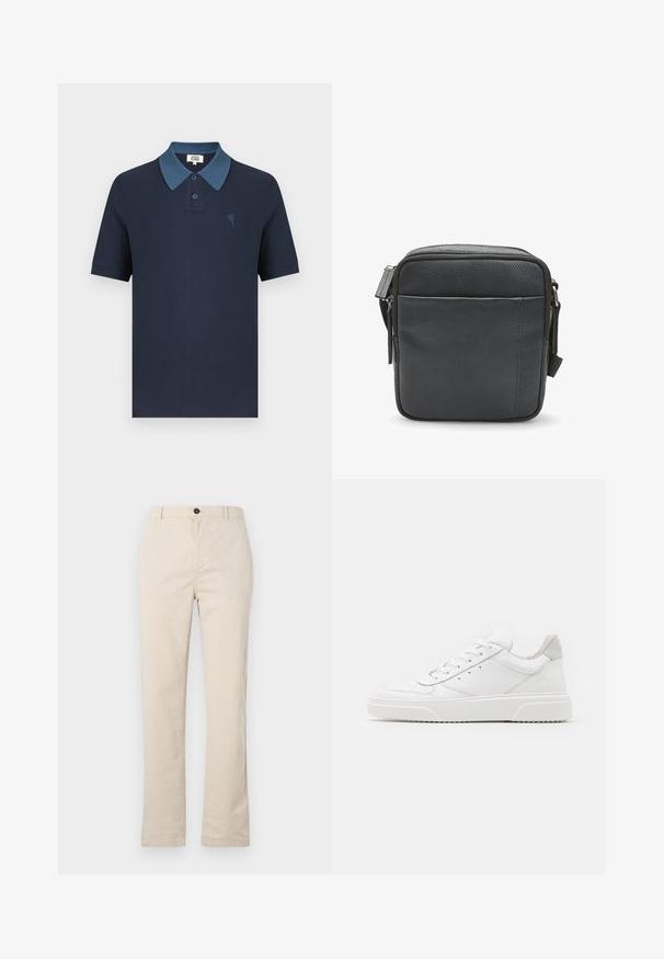 Marineblauw poloshirt met een contrasterende blauwe kraag, korte mouwen, gestructureerde stof en een klein geborduurd hartontwerp op de borst.; Lichtbeige katoenen broek met een rechte pijpdesign, voorzien van een knoopsluiting aan de voorkant, een ritssluiting en minimale stikdetails.; Witte leren sneakers met een gladde afwerking, ronde neus, platte veters en een gestructureerde zool. Grijze suède accent bij de hiel.; Zwarte lederen schoudertas met een gestructureerde afwerking, voorzien van een ritsluiting aan de bovenkant en een ritsvak aan de voorkant. Compact en vierkant ontwerp.
