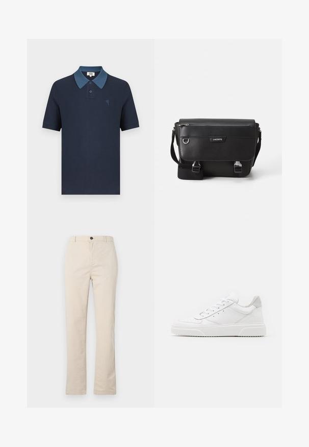 Marineblå poloshirt med en kontrasterende blå krave, korte ærmer, tekstureret stof og et lille broderet hjerte på brystet.; Lyse beige bomuldsbukser med lige ben-design, der har en frontknaplukning, lynlåslukning og minimale syninger.; Hvide lædersneakers med en glat finish, rund tå, flade snørebånd og en struktureret sål. Grå ruskindsdetalje ved hælen.; Sort tekstureret Lacoste messengertaske med justerbar rem, frontklap, lynlås lomme og metalspænder.