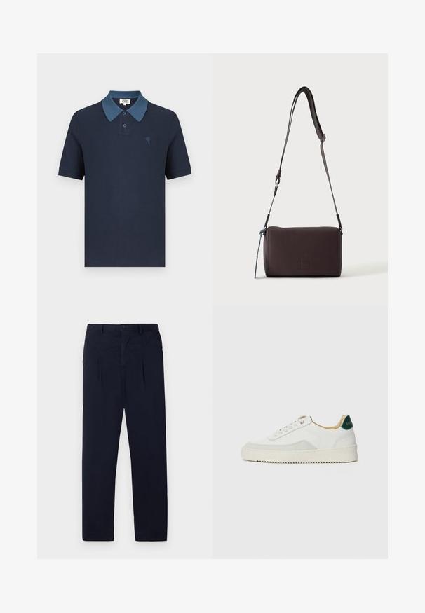 Polo azul marino con cuello azul a contraste, mangas cortas, tejido texturizado y un pequeño diseño de corazón bordado en el pecho.; Pantalones azul marino hechos de una tela ligera que cuentan con un frente plano, dos pliegues y un cierre de botón estándar en la cintura.; Zapatilla blanca con acentos de ante, puntera redondeada, cordones planos y suela de goma color crema. Presenta un logo verde en el talón.; Bolso bandolera de cuero marrón oscuro con textura, correa ajustable y pequeño adorno decorativo azul en el lateral.