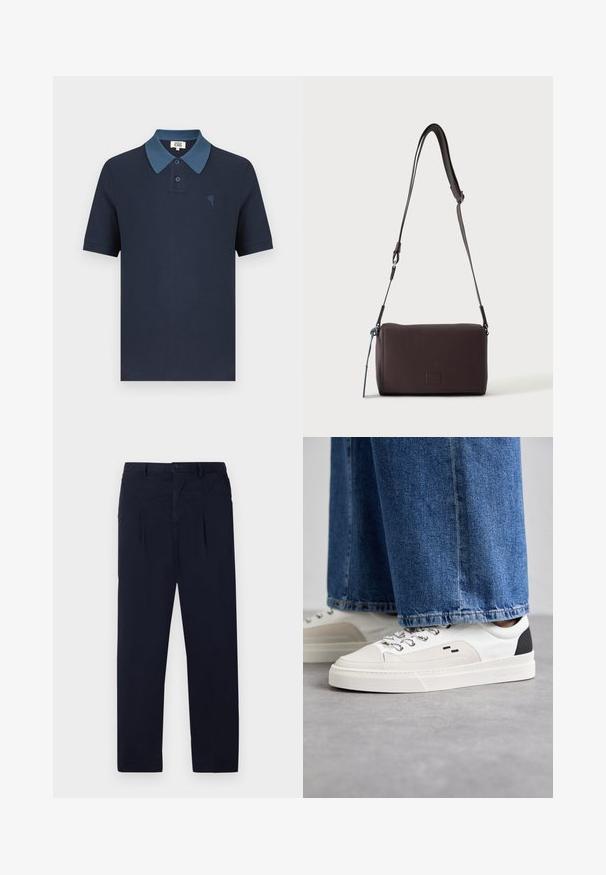 Marineblå poloshirt med en kontrasterende blå krave, korte ærmer, tekstureret stof og et lille broderet hjerte på brystet.; Marineblå bukser lavet af letvægtsstof med flad front, to folder og en standard knaplukning i taljen.; Hvide og sorte sneakers med en glat læderoverdel, teksturerede detaljer og en kraftig hvid sål. Har et klassisk snørebåndsdesign.; Mørkebrun textured læder crossbody taske med justerbar rem og lille dekorativ blå accent på siden.