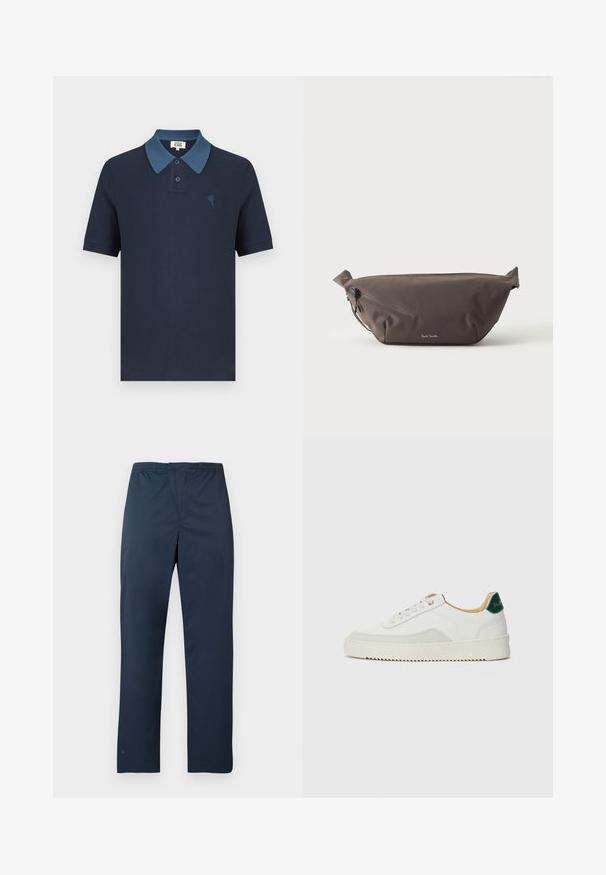 Marineblauw poloshirt met een contrasterende blauwe kraag, korte mouwen, gestructureerde stof en een klein geborduurd hartontwerp op de borst.; Marineblauwe, lichtgewicht broek met een elastische tailleband en rechte pijpen. Glad oppervlak zonder zichtbare patronen of accenten.; Witte sneaker met suède accenten, ronde neus, platte veters en een crème rubberen zool. Bevat groene branding op de hiel.; Donkerbruine stoffen heuptas met diagonale ritssluiting en klein wit logo aan de voorkant, tegen een effen lichte achtergrond.