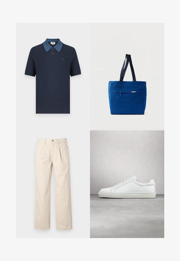 Marineblå poloshirt med en kontrasterende blå krave, korte ærmer, tekstureret stof og et lille broderet hjerte på brystet.; Beige brede bukser med høj talje, der har folder foran, en knappelukning foran og et glat bomuldsstof.; Hvide sneakers med en glat læderoverdel og lav profil. Har en rund tå, seks snørehuller og en tekstureret gummisål.; Blå lærredstaske med lynlåslomme foran, dobbelte skulderremme og rektangulær form. Har en diskret mærkeetiket.