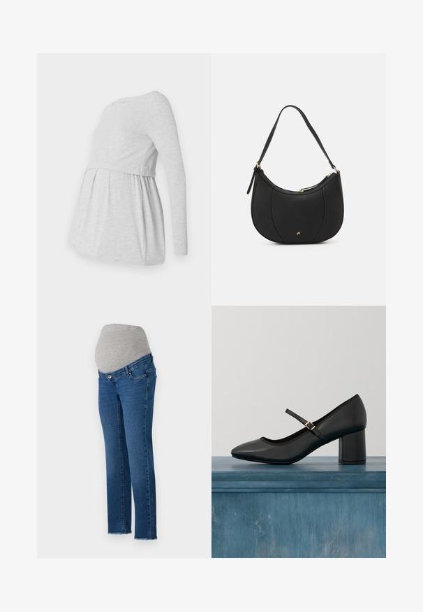 Lichtgrijze lange mouw zwangerschapsvoering met een ronde halslijn, vloeiende A-lijn ontwerp en gegatherde stof onder de buste voor comfort.; Zwangerschapsjeans met een rekbare grijze tailleband en lichtblauwe denim, met een rechte pijp en franjeaccenten op de zoom.; Zwarte Mary Jane-schoen met blokhak en gouden gesp, zwevend boven een gladde betonnen vloer in een minimalistische binnenomgeving.; Zwarte leren handtas met een gebogen vorm, textuuroppervlak, voornaden en een logo in goudkleur. Beschikt over een enkele verstelbare schouderband.