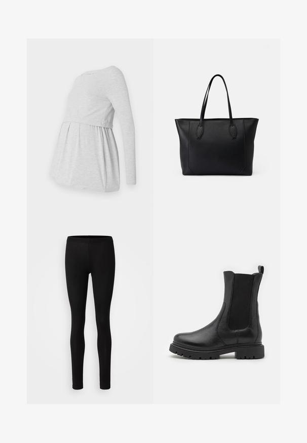 Lichtgrijze lange mouw zwangerschapsvoering met een ronde halslijn, vloeiende A-lijn ontwerp en gegatherde stof onder de buste voor comfort.; Zwarte leggings gemaakt van een zachte, rekbare stof. Ze hebben een slim fit met een elastische taille en een gladde, matte textuur.; Zwarte leren enkellaarsjes met elastische zijkanten, een ronde neus en een robuuste zool met uitgesproken profielgroeven.; Zwarte leren tote bag met twee stevige handvatten, voorzien van een zachte textuur, rechthoekige vorm en subtiele stitching details langs de randen.