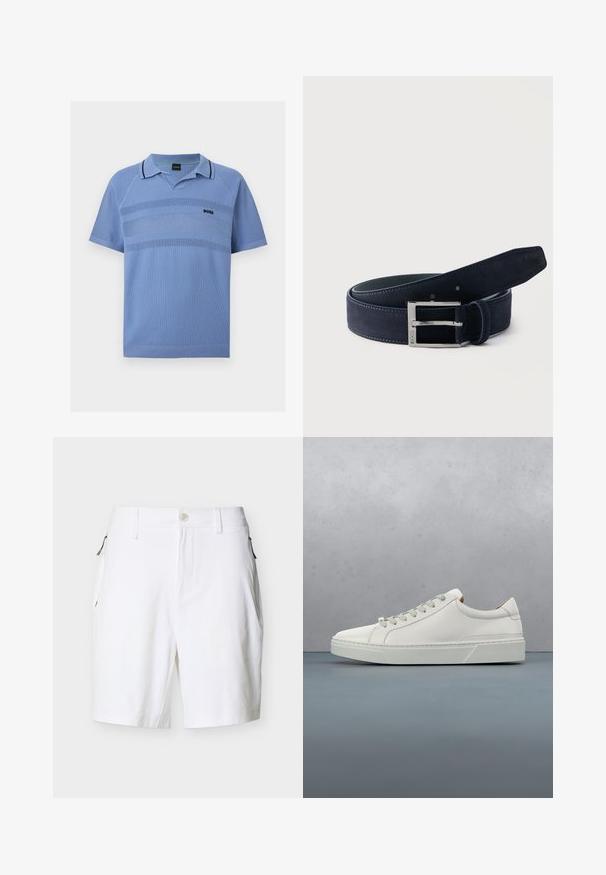 Polo en maille manches courtes bleu clair avec rayures horizontales texturées, col et ourlet côtelés, et petit logo noir "BOSS" sur la poitrine.; Shorts blancs ajustés avec passants pour ceinture, fermeture avant par bouton et fermeture éclair, poches latérales zippées sur fond uni.; Baskets en cuir blanc avec un bout arrondi, design minimaliste, lacets gris et semelle en caoutchouc gris texturé. Détails de couture subtils visibles.; Ceinture en daim bleu foncé roulée avec une boucle rectangulaire en argent gravée de "BOSS" sur un fond clair uni.
