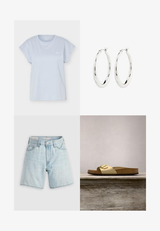 Lichtblauw T-shirt met korte mouwen en ronde hals met klein wit logo op de linkerborst, weergegeven tegen een witte achtergrond.; Lichtgekleurde denim shorts, hooggewijd, met een ontwerp van vijf zakken, zilveren knoop en ritssluiting, met een rafelige zoom en lichte vervaging.; Gouden synthetische slipper met een enkele band en een gespaccent, met een bruine kurken voetbed en een gestructureerde rubberen zool.; Zilveren oorbellen in de vorm van een gladde, glanzende ring. Circulaire vorm, voorzien van een veilige sluiting. Eenvoudig en elegant ontwerp.