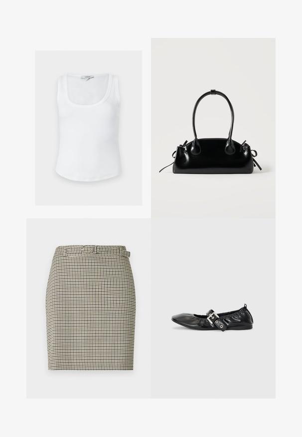 Débardeur blanc côtelé sans manches avec encolure dégagée et étiquette Topshop à l'arrière du col intérieur, présenté sur un fond uni.; Jupe courte à motif pied-de-poule, avec un schéma de couleurs beige et noir, design ajusté et passants pour ceinture à la taille.; Chaussure plate en cuir noir avec un nez pointu, des détails froncés autour de l'ouverture et un accent en boucle argentée sur la bride ajustable.; Petit sac à main noir brillant avec deux longues anses et des détails à cordon sur les côtés sur un fond clair uni.