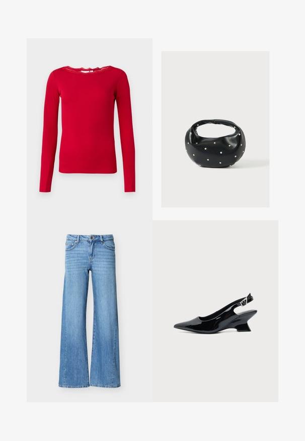 Rød langærmet top lavet af ribbet stof, med en bølget blondesnøre. Enkel design med en tætsiddende silhuet.; Lyseblå denimjeans med høj talje, knap- og lynlåslukning, forlommer og vide ben.; Sort laklæder slingback sko med spids tå og lav vinklet blokhæl på ensartet lys baggrund.; Sort læderhåndtaske med en rundet form, dekoreret med sølvnitter, og et kort håndtag. Glat tekstur og lynlåslukning.