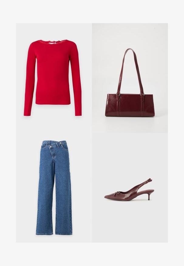 Rød langærmet top lavet af ribbet stof, med en bølget blondesnøre. Enkel design med en tætsiddende silhuet.; Blå vidde jeans med høj talje og overlappende knaplukning mod en ens hvid baggrund.; Bordeaux læder slingback hæl med spidse tå, justerbar rem og dekorativ sløjfedetalje foran. 7,5 cm hælhøjde.; Bordeaux håndtaske lavet af glansfuldt materiale, rektangulær form, med to skulderremme og subtile buede detaljer på forsiden.