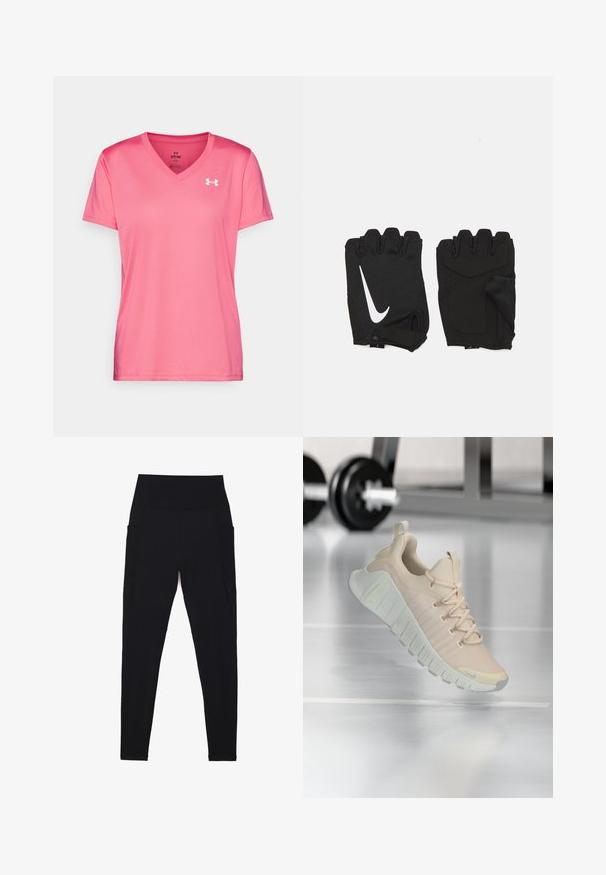 Rosa Sport T-Shirt mit V-Ausschnitt, kurzen Ärmeln und einer leichten, glatten Textur. Mit einem weißen Logo auf der oberen linken Seite.; Schwarze Leggings mit einem hohen, gerippten Bund, nahtlosem Design, seitlichen Taschen und durchgehend glatter Textur.; Leichter Sneaker in einem sanften Beigeton. Verfügt über ein strukturiertes Obermaterial, flache Schnürsenkel und eine dicke, profilierte Sohle mit dezenten Markenakzenten.; Schwarze fingerlose Fitnesshandschuhe aus atmungsaktivem Stoff, mit einem weißen Nike-Logo, gepolsterten Handflächen und einem offenen Handgelenkdesign für bessere Flexibilität.