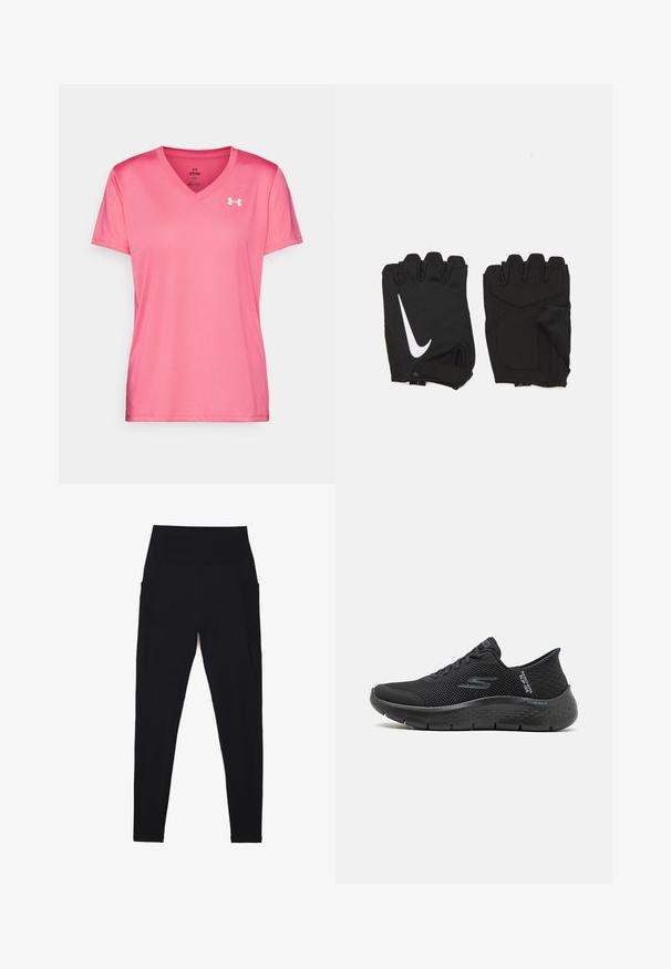 Rosa Sport T-Shirt mit V-Ausschnitt, kurzen Ärmeln und einer leichten, glatten Textur. Mit einem weißen Logo auf der oberen linken Seite.; Schwarze Leggings mit einem hohen, gerippten Bund, nahtlosem Design, seitlichen Taschen und durchgehend glatter Textur.; Schwarze Mesh-Wanderschuhe mit strukturiertem Design, Schnürung vorne, gepolsterter Sohle und charakteristischem Logo-Detail an der Seite und Ferse.; Schwarze fingerlose Fitnesshandschuhe aus atmungsaktivem Stoff, mit einem weißen Nike-Logo, gepolsterten Handflächen und einem offenen Handgelenkdesign für bessere Flexibilität.