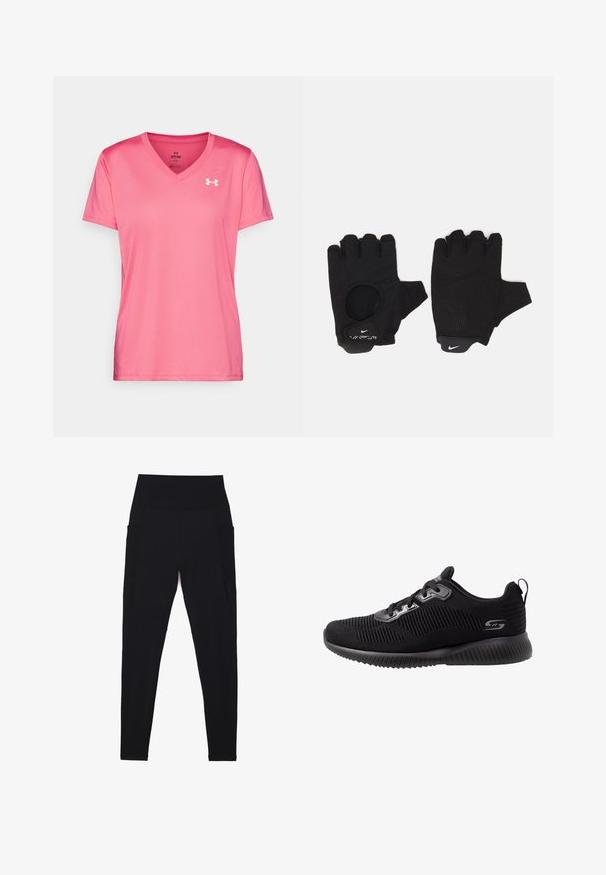 Roze sportieve T-shirt met een V-halsontwerp, korte mouwen en een lichte, gladde textuur. Heeft een wit logo op de bovenste linkerzijde.; Zwarte legging met een hoge, geribbelde tailleband, naadloos ontwerp, zijzakken en een gladde textuur over het hele oppervlak.; Zwarte sportieve schoenen met een textuur gebreide bovenkant, vetersluiting, gewatteerde kraag en een gevoerde rubberen zool met geribbelde details.; Zwarte vingerloze handschoenen met een gestructureerd ontwerp. Gemaakt van een ademend materiaal, met een duimopening en versterkte palm voor grip.