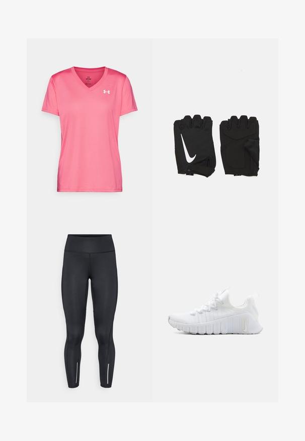Rosa Sport T-Shirt mit V-Ausschnitt, kurzen Ärmeln und einer leichten, glatten Textur. Mit einem weißen Logo auf der oberen linken Seite.; Schwarze Leggings aus elastischem Material mit hohem Bund, ausgestattet mit reflektierenden Akzenten in der Nähe der Knöchel und glatter Textur.; Weißer Sportschuh mit einer strukturierten Oberseite, flacher Schnürung und ausgeprägter Gummisohle mit vertikalen Rillen. Mit einem Logo an der Seite.; Schwarze fingerlose Fitnesshandschuhe aus atmungsaktivem Stoff, mit einem weißen Nike-Logo, gepolsterten Handflächen und einem offenen Handgelenkdesign für bessere Flexibilität.