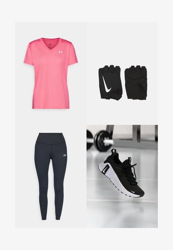 Roze sportieve T-shirt met een V-halsontwerp, korte mouwen en een lichte, gladde textuur. Heeft een wit logo op de bovenste linkerzijde.; Zwarte hoge taille leggings van rekbaar materiaal, met een strak ontwerp en een klein reflecterend logo op de dij.; Zwarte sportschoen met een textuurstof bovenwerk, witte zool en een opvallend vetersysteem. Voorzien van een Nike-logo en een zacht, gedempt ontwerp.; Zwarte vingerloze fitnesshandschoenen van ademend materiaal, met een wit Nike-logo, gevoerde handpalmen en een open polsontwerp voor flexibiliteit.