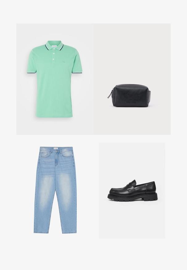 Polo en coton vert menthe, avec une patte de boutonnage à deux boutons et des rayures contrastantes en bleu marine sur le col et les manches.; Jean en denim bleu clair avec une coupe décontractée, dotés de cinq poches, d'un léger délavage et de coutures le long des coutures.; Mocassin en cuir noir avec semelle épaisse crantée et détail de bride penny, présenté en profil droit sur fond blanc.; Trousse de toilette rectangulaire en cuir noir avec fermeture éclair et nom de marque embossé sur le devant, sur fond blanc uni.