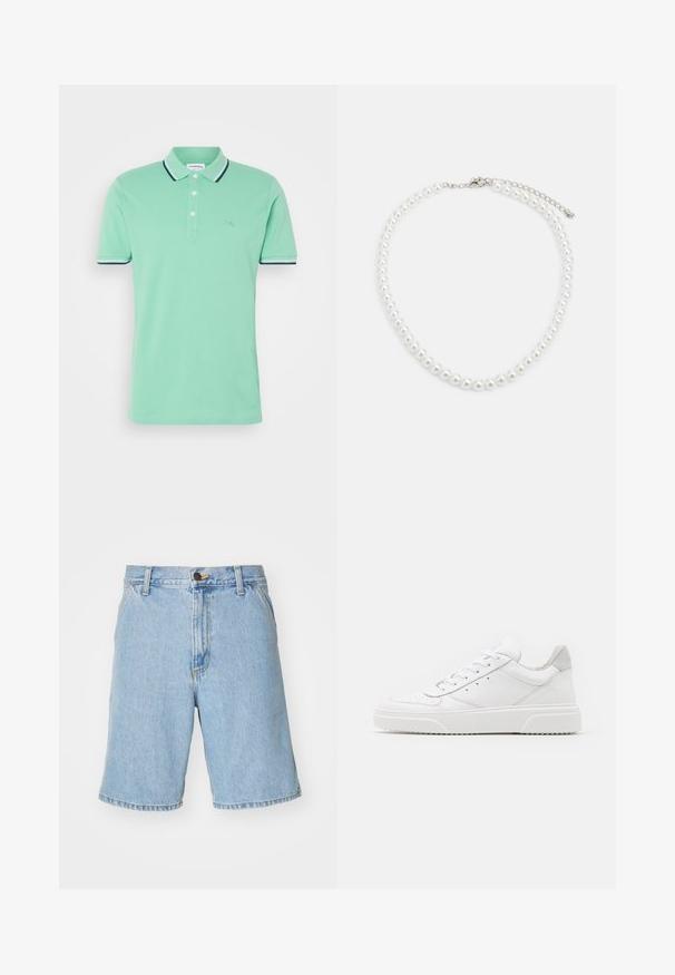 Polohemd aus mintgrünem Baumwollstoff, ausgestattet mit einer Zwei-Knopf-Leiste und kontrastierenden dunkelblauen Streifen am Kragen und an den Ärmeln.; Helle blaue Jeansshorts mit lockerer Passform, ausgestattet mit einem Reißverschluss, Knopfverschluss und vier Taschen. Der Stoff hat eine glatte Textur.; Weiße Leder-Sneaker mit glatter Oberfläche, rundem Zehenbereich, flachen Schnürsenkeln und strukturiertem Schuhsohlen. Graues Wildleder-Detail an der Ferse.; Weiße Perlenkette mit einheitlich runder Form, glatter Oberfläche und Metallverschluss mit Verlängerungskette für anpassbare Länge.