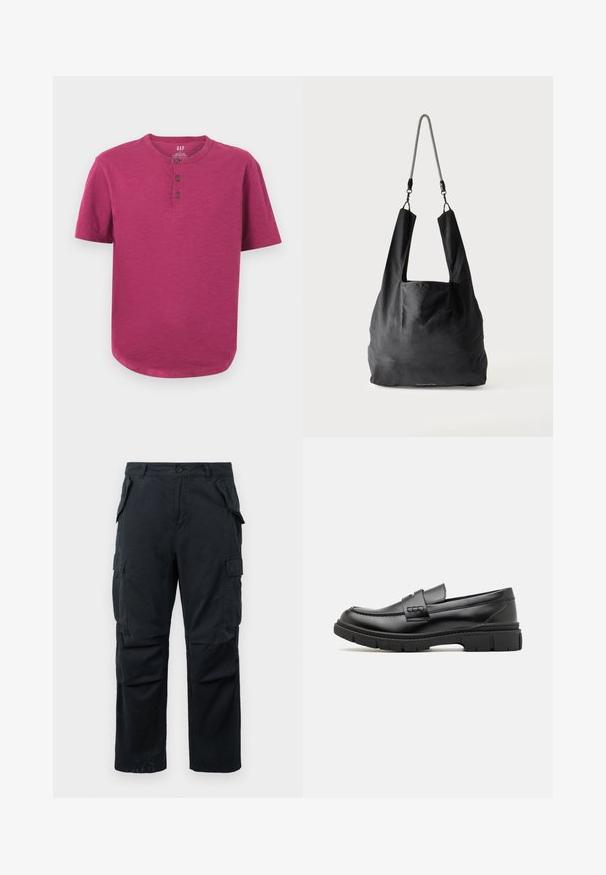 Kurzarm-Henley-Shirt in einem lebhaften Magenta-Ton. Mit Rundhalsausschnitt, Drei-Knopf-Leiste und leicht abgerundetem Saum. Weiche Textur.; Schwarze Cargo-Hosen aus strapazierfähigem Material, mit mehreren seitlichen Taschen, geradem Bein und einem Knopfverschluss an der Taille.; Schwarze Lederloafer mit einem breiten Riemen über dem Rist, Gummisohle mit dicken Profilen und glatter Textur. Klassisches, schlankes Design.; Schwarze weiche Stofftragetasche mit breiten Griffen und einem dünnen schwarz-weißen geflochtenen Schulterriemen.
