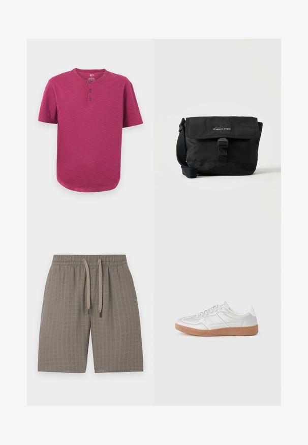 Korte mouwen henley-shirt in een levendige magenta kleur. Heeft een ronde hals, een drieknoopsluiting en een licht afgeronde zoom. Zachte textuur.; Bruine, gestructureerde shorts met een elastische tailleband en een verstelbare trekkoord; voorzien van een zachte, lichte stof en een geruit patroon.; Zilveren sneakers met een gladde textuur, vetersluiting, geperforeerde accenten en een gestructureerde bruine rubberen zool.; Zwarte Calvin Klein schoudertas met voorflap, gesp sluiting en verstelbare riem op een witte achtergrond.