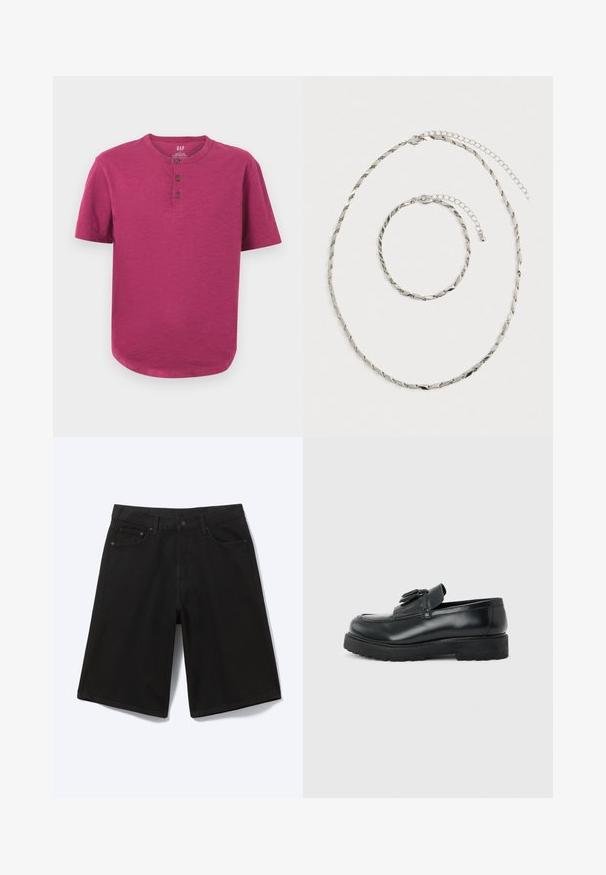 Kurzarm-Henley-Shirt in einem lebhaften Magenta-Ton. Mit Rundhalsausschnitt, Drei-Knopf-Leiste und leicht abgerundetem Saum. Weiche Textur.; Schwarze knielange Jeansshorts mit Frontknopf, Gürtelschlaufen und fünf Taschen, dargestellt vor weißem Hintergrund.; Schwarzer Leder-Slipper mit Quasten, dicke Gummisohle und niedrigem Absatz, im Seitenprofil vor einem einfarbigen Hintergrund gezeigt.; Silberne verdrehte Kettenhalskette und passendes Armband mit verstellbaren Verschlüssen, flach auf einem weißen Hintergrund ausgelegt.