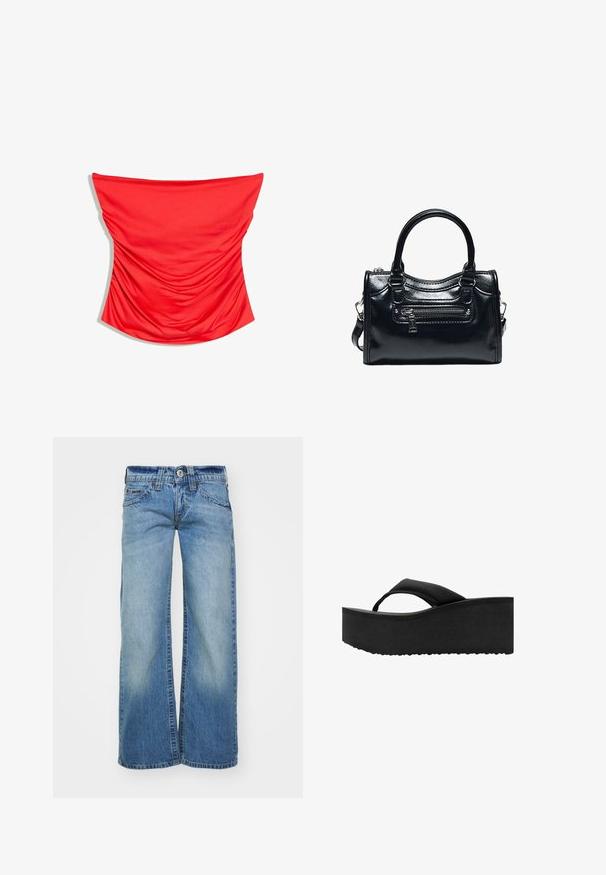 Haut tube rouge sans manches avec des détails en tissu froncé, conçu pour s'ajuster parfaitement autour du torse.; Jean large bleu clair en denim, avec un délavage léger, cinq poches et une fermeture à bouton avec passants de ceinture.; Tongs noires à semelle plate épaisse et rembourrée avec une large bride sur les orteils, vues de côté sur fond blanc.; Sac à main en cuir noir brillant avec deux poignées, poche avant zippée et bandoulière amovible sur fond blanc.