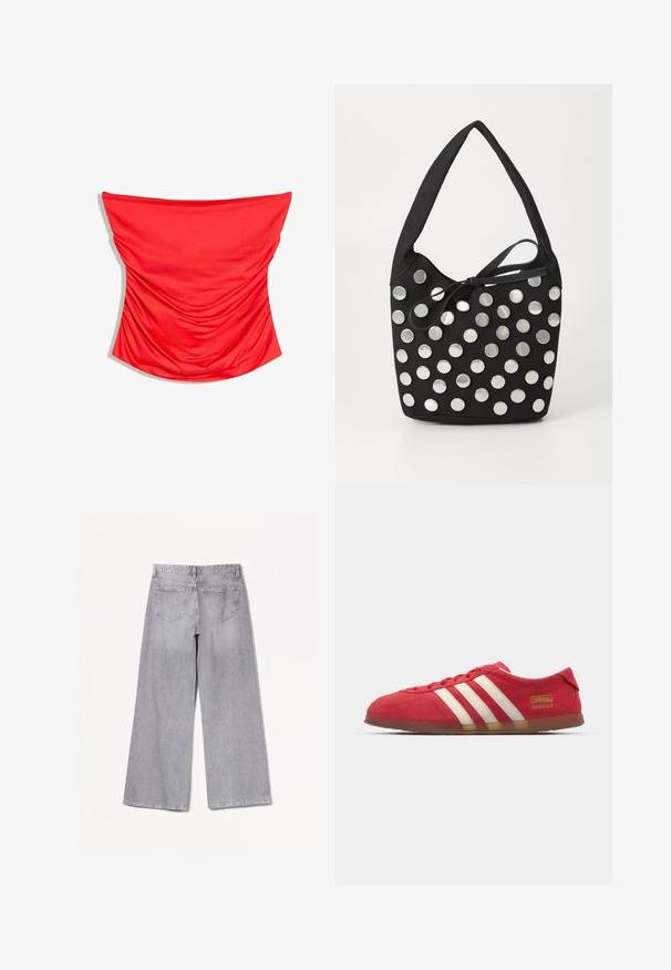 Haut tube rouge sans manches avec des détails en tissu froncé, conçu pour s'ajuster parfaitement autour du torse.; Jean large gris à taille haute, avec une texture lisse, deux poches arrière et des détails de couture subtils.; Baskets en daim rouge avec un design à trois rayures blanches, semelle plate et détail logo doré. Design bas avec bout arrondi et fermeture à lacets.; Sac à main en tissu noir, de forme arrondie, orné de clous métalliques ronds en argent disposés en motif, et d'un accent en tissu noué.
