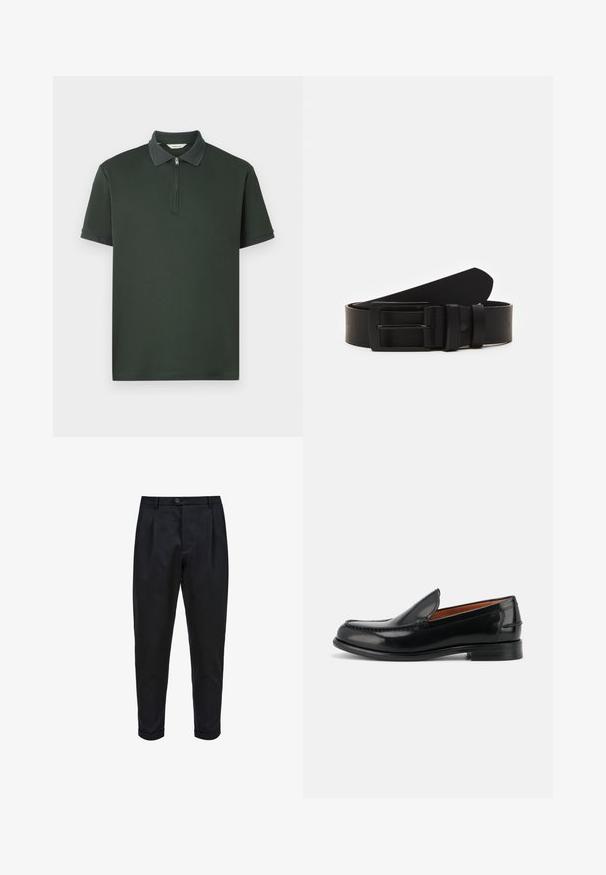 Donkergroene polo shirt met korte mouwen, met een ritskraag en contrasterende textuur bij de kraag. Gemaakt van een gladde stof met een minimalistisch ontwerp.; Zwarte broek van een gladde stof, met een geplooide voorkant, taps toelopende pasvorm en opgerolde mouwen. Eenvoudige knoopsluiting bij de taille.; Zwarte gepolijste leren instap loafer met lage hak en gestikte details langs de neus en zijkanten, zijaanzicht.; Zwarte leren riem gerold met een matte zwarte rechthoekige metalen gesp en twee riemlussen op een witte achtergrond.