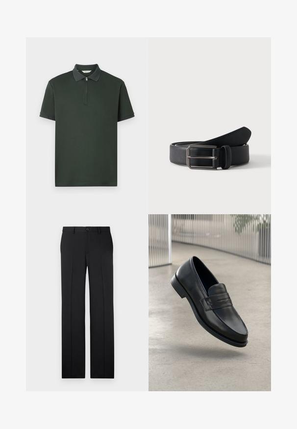 Dunkelgrünes Poloshirt mit kurzen Ärmeln, Reißverschlusskragen und kontrastierender, strukturierter Kragenverzierung. Hergestellt aus glattem Stoff im minimalistischen Design.; Schwarze, maßgeschneiderte Hose mit geradem Bein, glattem Stoff, vorderen Falten und einem einzelnen Knopfverschluss an der Taille.; Schwarzer Lederloafer mit glatter Textur, spitzer Zehe und einem dekorativen Riemen über dem Rist. Leichte Sohle, minimalistisches Design.; Schwarzer Ledergürtel, zusammengerollt mit rechteckiger silberner Metallschnalle auf schlicht hellem Hintergrund.