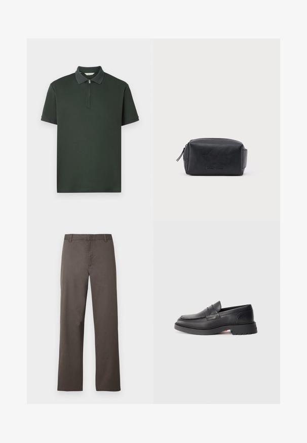 Polo de color verde oscuro con mangas cortas, cuello con cremallera y ribete texturizado en contraste. Hecho de una tela suave con un diseño minimalista.; Pantalones de algodón marrón con diseño de pierna recta, con trabillas para cinturón y textura suave. Sin patrones visibles ni detalles de herrajes.; Mocasines de cuero negro con punta redondeada, costura elevada y suela de goma gruesa. Diseño simple con mínima marca en el lateral.; Bolsa de aseo rectangular de cuero negro con cremallera y nombre de marca en relieve en la parte frontal, sobre un fondo blanco liso.
