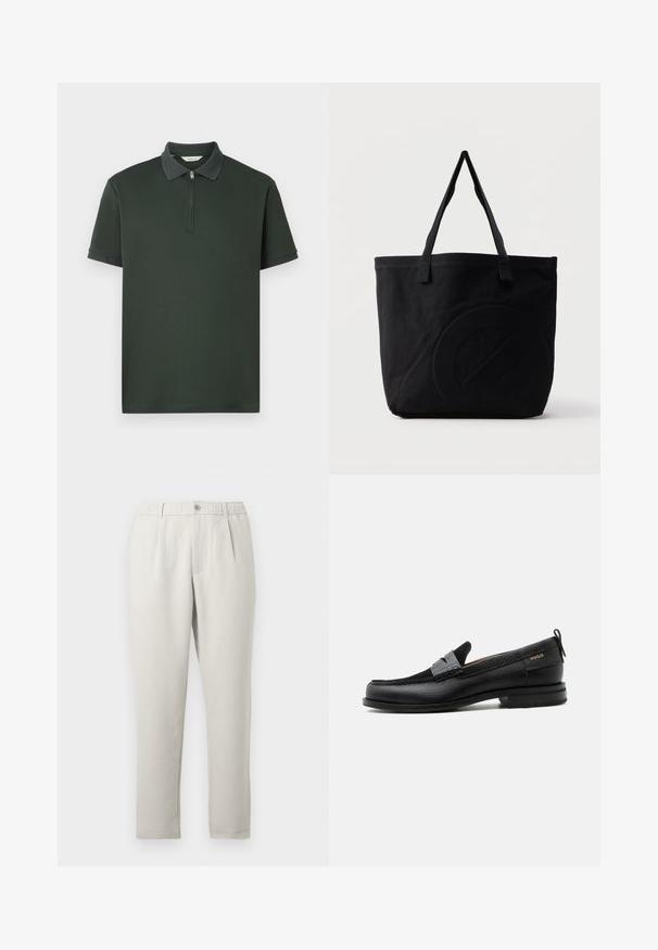 Dunkelgrünes Poloshirt mit kurzen Ärmeln, Reißverschlusskragen und kontrastierender, strukturierter Kragenverzierung. Hergestellt aus glattem Stoff im minimalistischen Design.; Hellbeige, lässige Hose mit leichtem Glanz, ausgestattet mit elastischem Bund, vorderen Taschen und einem schmal zulaufenden Bein.; Schwarzer Lederloafer mit grauem Riemendetail, niedrigem Absatz und strukturierter Sohle, seitlich mit „HUGO“ in Gold gebrandmarkt.; Schwarze Canvas-Shopper-Tasche mit zwei Schulterriemen und einem dezenten, eingeprägten kreisförmigen Design auf der Vorderseite.