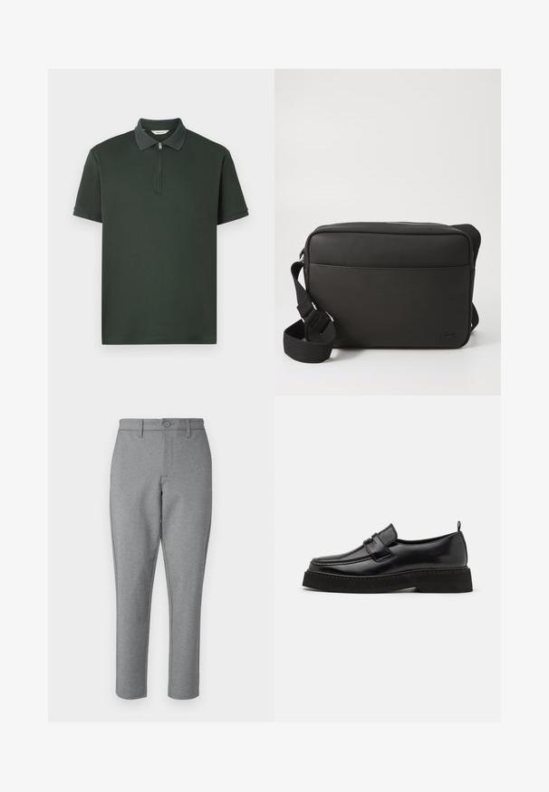 Dunkelgrünes Poloshirt mit kurzen Ärmeln, Reißverschlusskragen und kontrastierender, strukturierter Kragenverzierung. Hergestellt aus glattem Stoff im minimalistischen Design.; Graue Anzughose mit subtiler Textur, geradem Schnitt und vorderem Knopfverschluss. Mit Gürtelschlaufen und seitlichen Taschen.; Schwarze Leder Slipper mit flacher, strukturiertem Sohlen, mit einer gestickten Zehenpartie und einem Riemen über dem Spann.; Schwarze Umhängetasche aus strukturiertem Stoff, mit Reißverschluss, verstellbarem Schultergurt und eingeprägtem Logo auf der Vorderseite.
