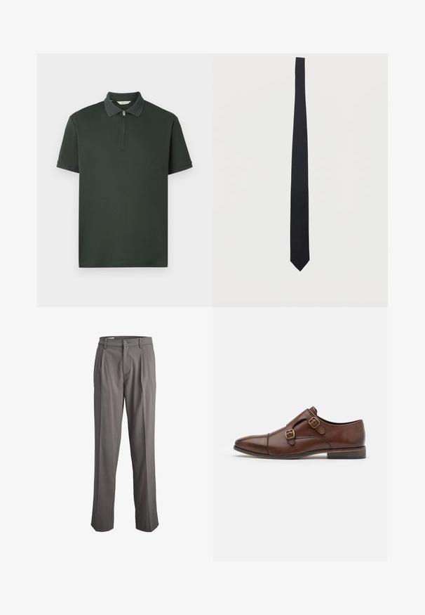 Polo de color verde oscuro con mangas cortas, cuello con cremallera y ribete texturizado en contraste. Hecho de una tela suave con un diseño minimalista.; Pantalones gris con pinzas, exhibidos sobre un fondo blanco. Cuentan con cierre de botón y diseño de pierna recta.; Zapato de cuero marrón con un diseño elegante, que cuenta con dos hebillas en tono dorado, puntera puntiaguda y un bajo tacón apilado.; Corbata negra delgada con punta puntiaguda sobre un fondo blanco liso, presentada verticalmente.