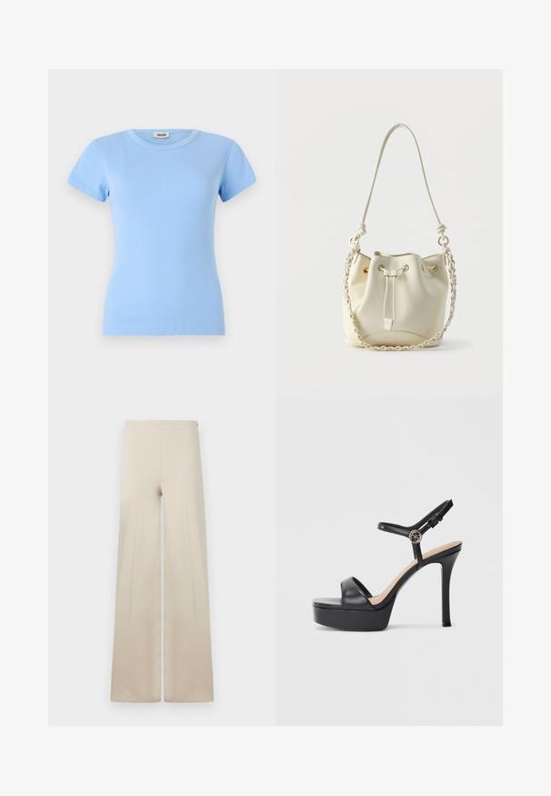 Helles blaues T-Shirt mit kurzen Ärmeln aus geripptem Stoff; verfügt über einen runden Halsausschnitt und eine figurbetonte Silhouette.; Beige weitem Hosen aus weichem Stoff mit glatter Textur. Verfügt über einen hohen elastischen Bund für Komfort und ein klares, minimalistisches Design.; Schwarze Plateausandalen mit hohem Stiletto-Absatz, ausgestattet mit einem glatten Lederobermaterial, einem Peeptoe-Design und einem verstellbaren Knöchelriemen mit Metallbeschlägen.; Ecru-farbene Bucket Bag aus Leder mit Zugbandverschluss, geflochtener Kette und Leder-Schulterriemen sowie goldfarbenen Ösen.
