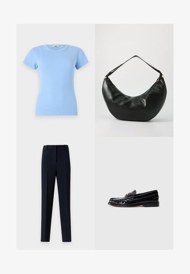 Camiseta de manga corta azul claro hecha de tejido acanalado; presenta un escote redondo y una silueta ajustada.; Pantalones de vestir ajustados en azul marino con pliegue delantero, trabillas para cinturón y cierre frontal oculto sobre un fondo claro.; Mocasines de cuero negro con puntera redondeada, costuras decorativas y un pequeño acento dorado en el empeine. Suela plana de goma, diseño elegante.; Bolso de hombro de cuero negro con una forma curva, textura suave y una sola correa; cuenta con un zipper dorado y un branding sutil.