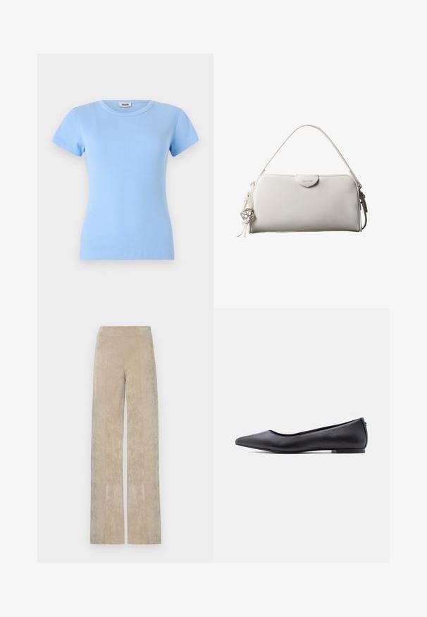 Camiseta de manga corta azul claro hecha de tejido acanalado; presenta un escote redondo y una silueta ajustada.; Pantalones de talle alto y pierna ancha en suave sarga de color beige claro, con acanalado vertical y una textura suave. Cintura plana para mayor comodidad.; Zapato plano de cuero negro con punta puntiaguda y tacón bajo, mostrado de perfil contra un fondo blanco.; Bolso rectangular blanco de Calvin Klein con un solo asa, diseño minimalista y borlas decorativas con un charm metálico geométrico en el lateral.