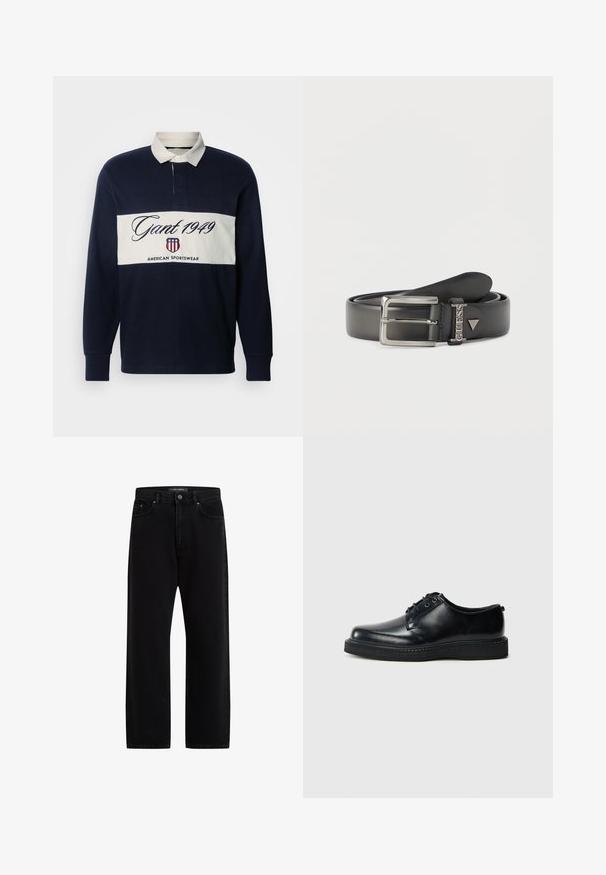 Polo à manches longues bleu marine avec col blanc et bande horizontale blanche. Présente le logo "Gant 1949" et le branding American Sportswear. Matière en mélange de coton.; Pantalon en denim noir à coupe ample, avec un design classique à cinq poches, une fermeture à bouton et un subtil logo brodé.; Chaussures à lacets en cuir noir avec un bout arrondi, une finition lisse et une semelle en caoutchouc noir texturée. Design minimaliste sans motifs visibles.; Ceinture en cuir noir avec boucle rectangulaire argentée et logo métallique "GUESS" près de la boucle, enroulée sur un fond blanc.